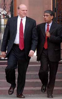 Microsoft Corporation CEO Steve Ballmer and Chairman Microsoft India Ravi Venkatesan after meeting Prime Minister Manmohan Singh (not in picture) at South Block in New Delhi 
