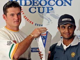 Indian captain Sourav Ganguly and his South African counterpart Graeme Smith unveil the trophy for the Test series between India and South Africa 