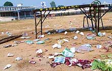 Plastic bottles and eatables left behind following the 'world Punjabi cultural festival' that concluded in Jalandhar on Saturday.