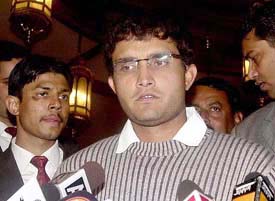 Indian cricket captain Sourav Ganguly talks to mediapersons after appearing before the ICC Appeals Commissioner Tim Castle through teleconferencing at Taj Palace in New Delhi