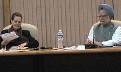 Prime Minister Manmohan Singh and UPA Chairperson Sonia Gandhi during the UPA meeting held at the Prime Minister’s residence in New Delhi on Friday.