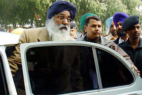 Shiromani Akali Dal President Parkash Singh Badal comes out of the District Courts after appearing in a court case in Chandigarh