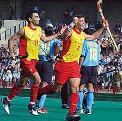 Santi Freixa of Spain rejoices after scoring the second goal against India during the 1st match of the hockey Test series in Chandigarh on Sunday