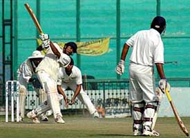Shatrunjay Gaekwad of Baroda plays a lofted shot during Ranji Trophy match against Punjab at Mohali on Sunday
