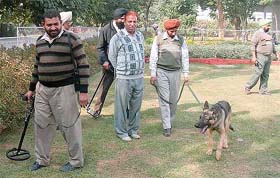 A dog squad at work at the Guest House on the Punjabi University campus ahead of the World Punjabi Conference in Patiala