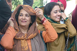 Pakistani writers, Seema Piroze (left) and Bushra Ejaz, at the Wagah Joint Checkpost while crossing over to India on Tuesday to participate in the World Punjabi Conference at Patiala from December 1 to 3.