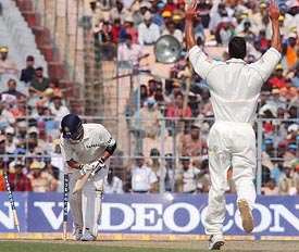 Sachin Tendulkar is bowled by Zander de Bruyn on the third day of the second Test in Kolkata on Tuesday