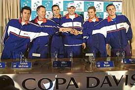 Members of the US Davis Cup team, from left to right, Vince Spadea, captain Patrick McEnroe, Mike Bryan, Bob Bryan, Mardy Fish and Andy Roddick pose in Seville, Spain, on Tuesday