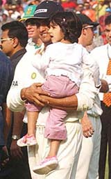 Indian captain Sourav Ganguly is seen with daughter Sana just after winning the Test series against South Africa