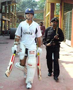 Indian captain Sourav Ganguly arrives at the Eden Gardens for a practice session amidst tight security