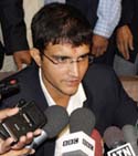 Indian captain Sourav Ganguly talks to mediapersons at Dhaka airport 