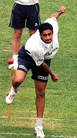 Anil Kumble bowls during a practice session in Dhaka on Thursday