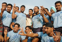 Members of the Indian Punjab kabaddi team in a jubiliant mood after winning their match against Pakistan Punjab at polo ground in Patiala on Friday. 