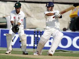 Sachin Tendulkar plays a shot on the second day of the first Test against Bangladesh in Dhaka on Saturday
