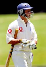 England batsman Andrew Strauss leaves the field after being dismissed for 50 on the first day of England�s three-day match against South Africa A 