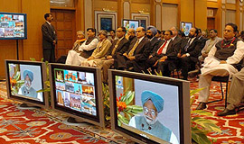 Prasar Bharati and other ministry officials at the launch of India�s first direct-to-home broadcasting service at PM�s residence on Thursday. 