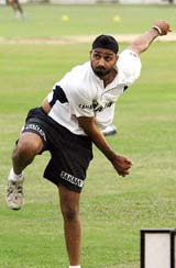 Harbajan Singh bowling during a practice session in Chittagong stadium