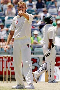 Australia�s Glenn McGrath celebrates after taking the wicket of Pakistan�s Shoaib Akhtar on the fourth day of the first Test at the WACA ground in Perth on Sunday.