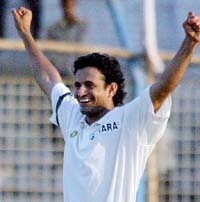 Irfan Pathan rejoices after taking five wickets against Bangladesh on the third day of the second Test in Chittagong on Sunday.