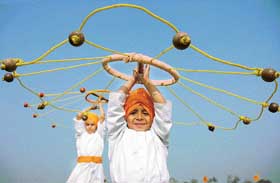 Mandeep Singh shows skills in gatka on the first day of the Shaheedi Samagam being held at Chamkaur Sahib on Sunday.