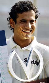 Irfan Pathan reacts after receiving the Man-of-the-Series award in Chittagong on Monday. 