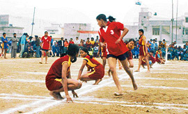 A kho-kho match in progress during the 50th National School Games in Ludhiana on Monday.