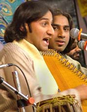 Pakistani artistes Suraj Khan and Chand Khan perform at the Harballabh Sangeet Sammelan in Jalandhar on Friday night.