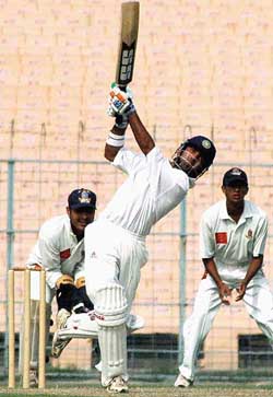 Gautam Gambhir of Delhi plays a shot during the Ranji Trophy match against Bengal at the Eden Gardens in Kolkata
