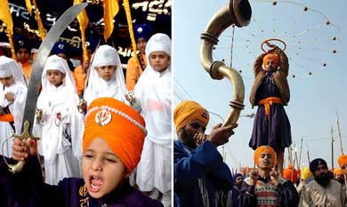 Three-year-old Harleen Kaur takes part in a nagar kirtan procession which commenced from Gudwara Fatehgarh Sahib; and (right) Nihangs display martial arts on the concluding day of the Shaheedi Jor Mela in Fatehgarh Sahib on Sunday.