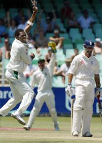 South Africa�s Makhaya Ntini successfully appeals for the wicket of England�s Michael Vaughan