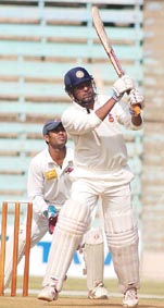 Delhi captain Ajay Jadeja plays a shot on the second day of the Ranji Trophy match against Mumbai at the Wankhede Stadium in Mumbai on Saturday. 