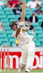 Australia's captain Ricky Ponting hits a boundary during his double-century innings