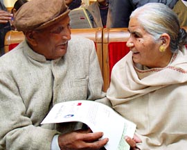 A couple excited after being allotted a dwelling unit in Jalandhar's Rajiv Gandhi Vihar in Chandigarh's Punjab Bhavan on Wednesday.