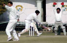 A cricket match between Chandigareh Press Club and Lahore Press Club in action at the PCA Stadium in Mohali on Saturday