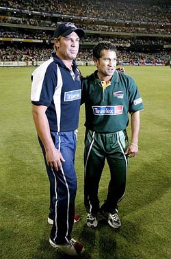 Shane Warne with Sachin Tendulkar after the conclusion of the match between World XI and Asia XI in Melbourne on Monday