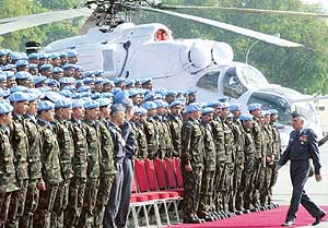 Indian Air Force chief S.P. Tyagi arrives to greet his troops in New Delhi