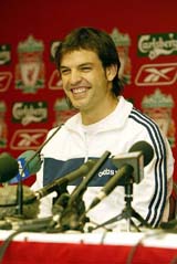 Liverpool's latest recruit Fernando Morientes of Spain's smiles during a news conference in Liverpool on Thursday
