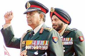 The Chief of Army staff, Gen N.C. Vij with newly designated Army chief J.J. Singh at the Army Day parade in New Delhi
