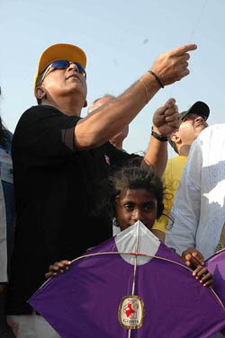 Former cricketer Sunil Gavaskar inaugurates a kite flying contest in Mumbai on Saturday