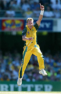 Australian bowler Brett Lee celebrates after dismissing West Indies captain Brian Lara during a one-day international match in Brisbane on Friday
