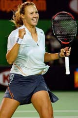 Australia�s Alicia Molik celebrates her fourth round victory over Venus Williams of the USA at the Australian Open in Melbourne