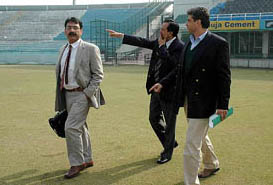 Mr G.S. Walia, PCA treasurer, answers a query to the two-member venue assessment team from the Pakistan Cricket Board at the PCA stadium in Mohali