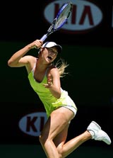 Fourth seed Maria Sharapova of Russia plays a forehand to win her quarterfinal match against compatriot and fifth seed Svetlana Kuznetsova at the Australian Open in Melbourne on Tuesday