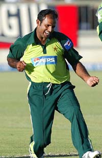 Pakistan's Naved-ul-Hasan pumps his fist after taking the final wicket of a one-day match against the West Indies in Perth, Australia