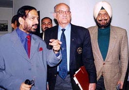 Indian Olympic Association President Suresh Kalmadi, Chairman of the Commonwealth Games Federation Michael Fennel and IOA Secretary-General Randhir Singh at Jawaharlal Nehru Stadium in New Delhi on Monday.