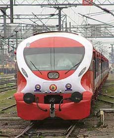 The latest version of a diesel multiple unit (DMU), manufactured at Integral Coach Factory, Chennai, on trial run on the Jalandhar-Nakodar section