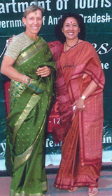 Tennis star Martina Naratilova wearing a green saree with Dr J. Geeta Reddy