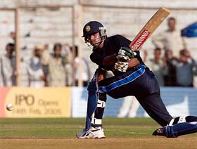 Md. Kaif of India 'A' smashes a boundary on the third day of the Challenger Trophy