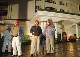Policemen stand outside the pavilion block of the PCA Stadium at Mohali on Thursday after some miscreants tried to enter the stadium.