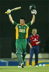 South African captain Graeme Smith celebrates after reaching his century during the fifth one-day international against England in East London, South Africa, on Wednesday.  